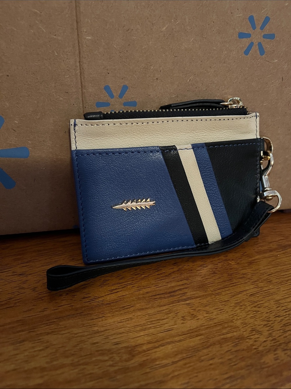 Thacker New York Striped Leather Card Holder Wristlet - Blue, Black & Cream